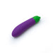 Purple and green eggplant-shaped silicone vibrator with smooth texture on white background.