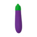 Purple and green eggplant-shaped vibrator with power button, made of smooth silicone, designed for discreet pleasure.