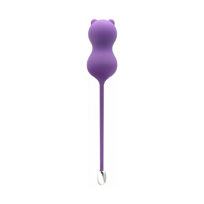Purple cat-shaped Kegel ball vibrator with a long handle and silver tip, designed for internal use.