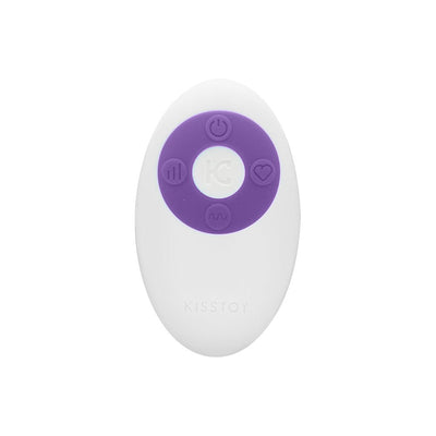 White oval remote control with purple buttons for the Emojibator Paula Kitty Cat Kegel Ball Vibrator.