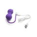 Purple cat-shaped kegel ball vibrator with USB charging cable on white background.