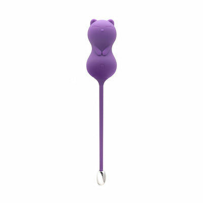 Purple cat-shaped kegel ball vibrator with a long tail and silver tip, designed for remote-controlled use.