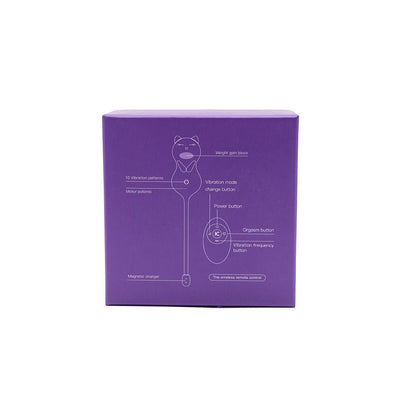 Purple packaging box showing diagram and labeled features of the Emojibator Paula Kitty Cat Kegel Ball Vibrator and its wireless remote control.
