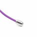 Close-up of the silver metal tip with buttons attached to a flexible purple silicone cord of the Emojibator Paula Kitty Cat Kegel Ball Vibrator.