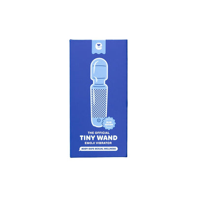 Blue edition packaging of the Emojibator Tiny Wand vibrator with product illustration and branding.