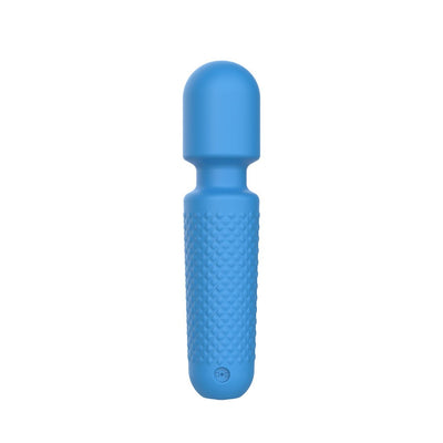 Compact blue wand vibrator with textured grip and rounded head, designed for discreet and powerful use.