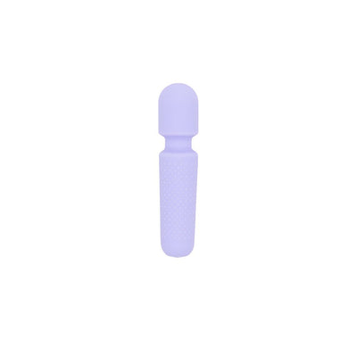 Compact lavender mini wand vibrator with textured handle and rounded head, designed for discreet and powerful use.
