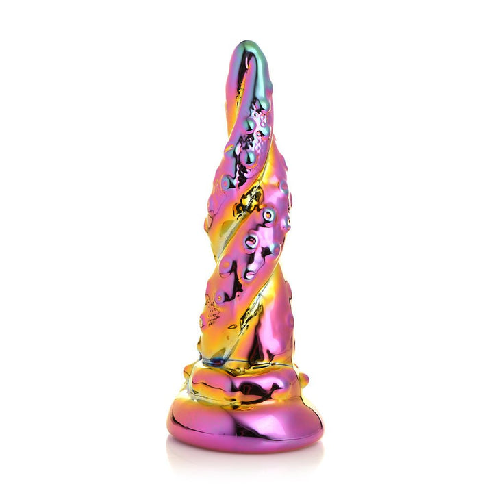 Iridescent rainbow glass dildo with spiral octopus tentacle texture and flared base on white background.