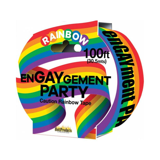 Rainbow style caution party tape roll with "EnGAYgement Party" text, 100 feet long, colorful celebration decoration.