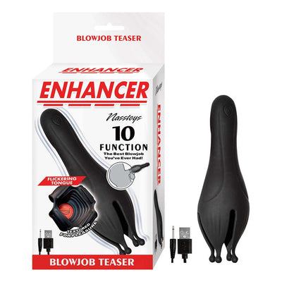 Black Enhancer Blow Job Teaser with flickering tongue feature, USB rechargeable, shown with packaging and charging cable.