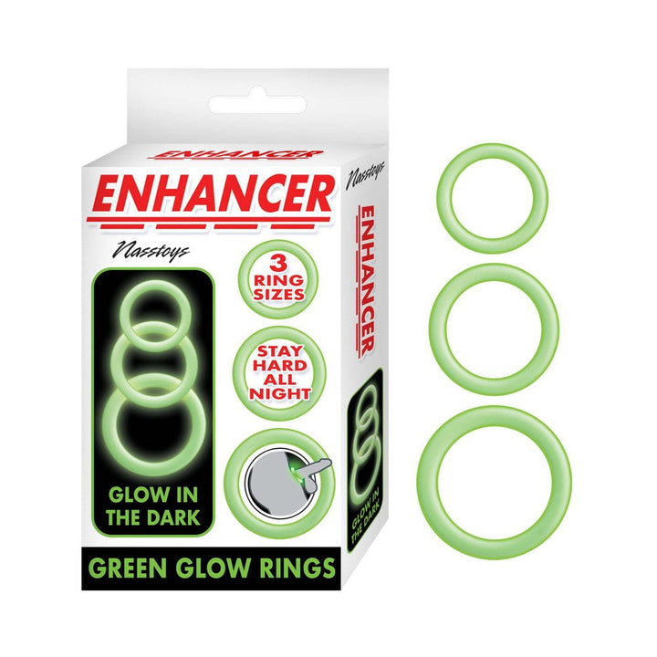 Enhancer green glow-in-the-dark silicone rings in three sizes with packaging highlighting durability and all-night use.