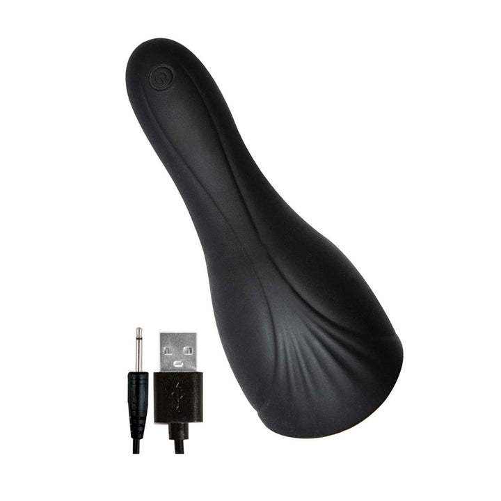 Black silicone pleasure device with textured surface and USB charging cable on white background.