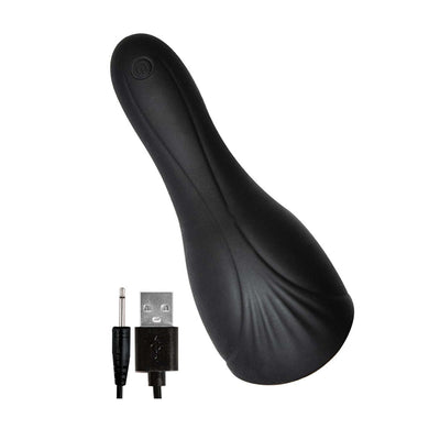 Black silicone pleasure device with textured surface and USB charging cable on white background.