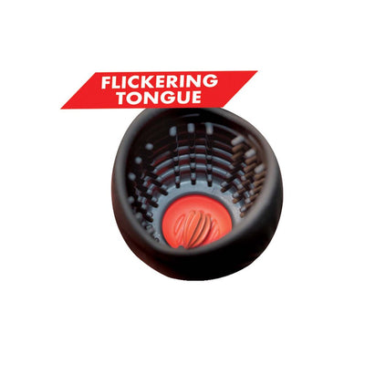 Close-up of the black pleasure device interior showing textured suction sleeve with flickering tongue feature.