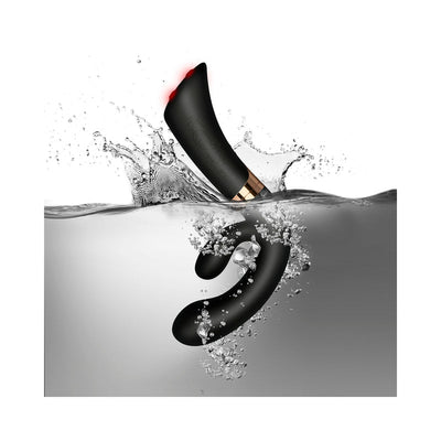 Black ergonomic dual-motor vibrator with flexible G-spot shaft submerged in water, highlighting its waterproof feature.