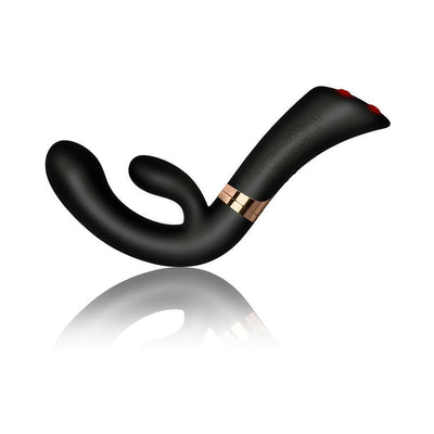Black ergonomic dual-motor vibrator with flexible G-spot shaft and clitoral stimulator, featuring rose gold accent and red control buttons.