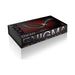 Enigma luxury black ergonomic vibrator with dual motors shown on sleek black and red packaging box.