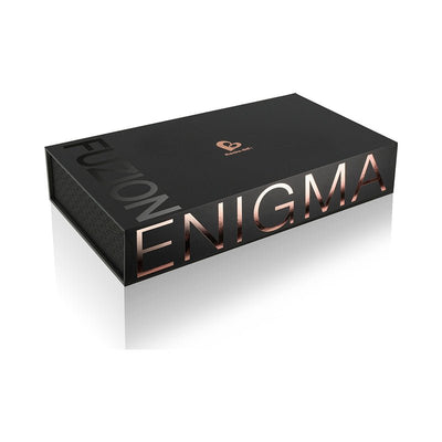 Black rectangular box packaging for Enigma with rose gold lettering and subtle textured side detail.