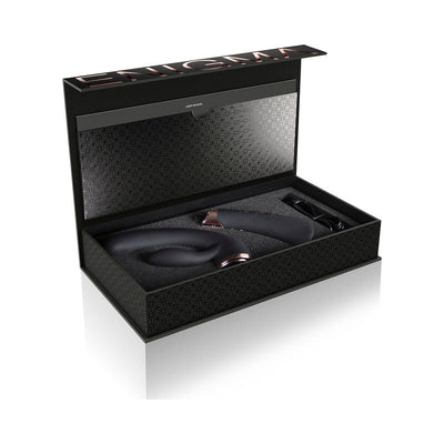 Enigma luxury pleasure device set in sleek black and rose gold with ergonomic design, presented in elegant black gift box.