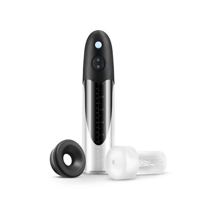Black and clear rechargeable Colossus pump with silicone donut and TPE sleeve attachments on white background.