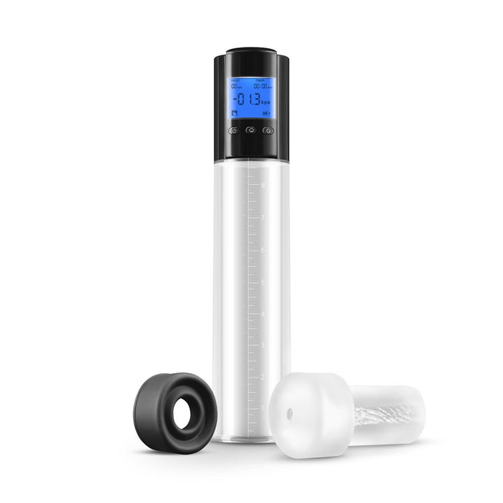 Black and clear Enlarge Viking Pump with digital display and two removable silicone sleeves on white background.