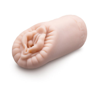 Beige EnLust Alyssa male stroker with textured, ribbed interior and open-ended design for enhanced sensation.