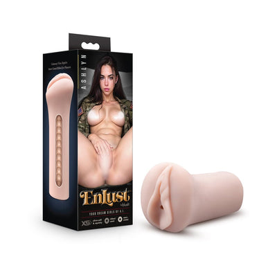 Beige EnLust Ashlynn Stroker male pleasure sleeve with packaging featuring a digital model in military jacket.