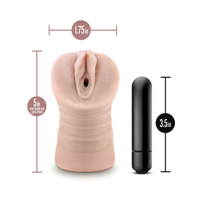 Beige EnLust Ayumi vibrating stroker with 5-inch length and 1.75-inch width next to a 3.5-inch black vibrating bullet.