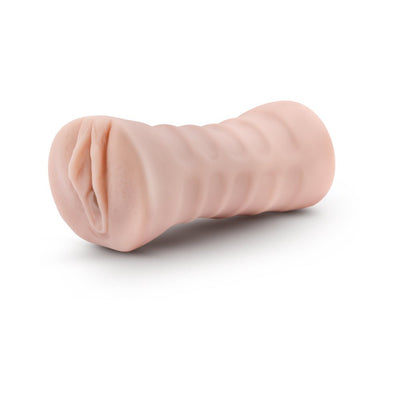 Beige EnLust Ayumi vibrating stroker with textured exterior and open-ended design on white background.