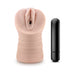 Beige EnLust Ayumi vibrating stroker with realistic texture and black removable bullet vibrator on white background.