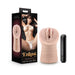 Beige EnLust Ayumi vibrating stroker with nubbed canal and black vibrating bullet next to its packaging featuring a woman illustration.