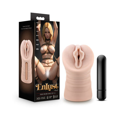 EnLust Destini beige vibrating male stroker with nubbed interior and black vibrating bullet next to product packaging.