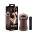 EnLust Krystal Vibrating Stroker in brown with realistic lips design, black bullet vibrator, and packaging featuring artwork of a woman.