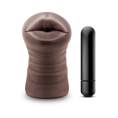 Brown soft textured male stroker with realistic lips design and a separate black vibrating bullet.