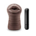 Brown soft textured male stroker with realistic lips design and a separate black vibrating bullet.