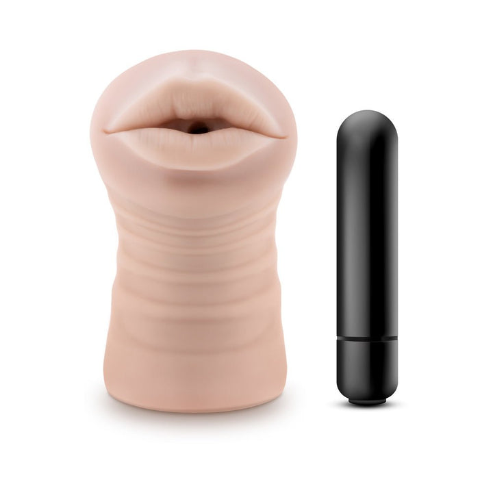 Beige EnLust Nicole vibrating stroker with realistic mouth design and black removable bullet vibrator beside it.