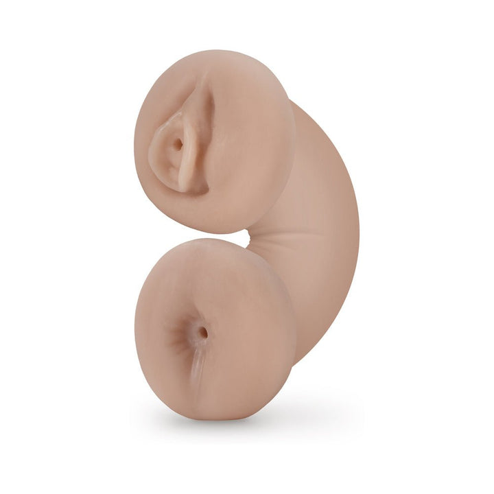 Beige dual-ended male stroker with realistic textured openings, designed for handheld use and glow in the dark feature.