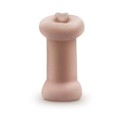 Beige handheld soft stroker with dual openings, designed for a realistic and comfortable experience.
