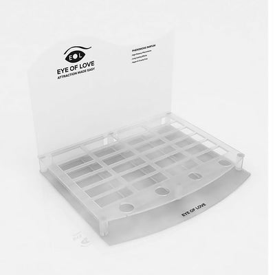 Clear acrylic counter display with 24 slots for 10ml Eye of Love Bloom fragrance bottles, branded with logo and product info.