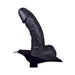 Black adjustable hollow strap-on dildo with realistic texture and attached harness base.