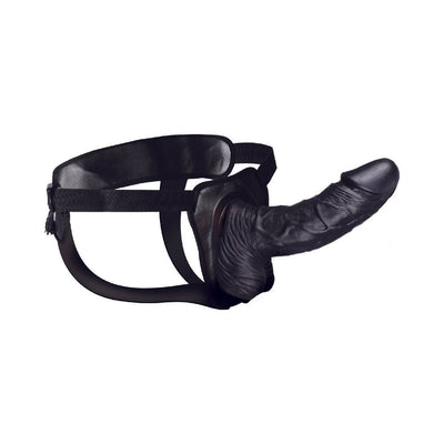 Black adjustable hollow strap-on with realistic textured design and comfortable padded harness.