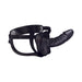 Black adjustable hollow strap-on with realistic textured design and comfortable padded harness.