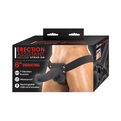 Packaging of a 6-inch vibrating hollow strap-on with adjustable black straps, featuring 7 vibration modes, waterproof and rechargeable.
