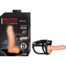 Adjustable hollow strap-on dildo in flesh tone with black straps and packaging box shown side by side.