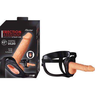 Adjustable hollow strap-on with realistic 9.5-inch dildo and black harness, shown with product packaging.