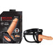 Adjustable hollow strap-on with realistic 9.5-inch dildo and black harness, shown with product packaging.