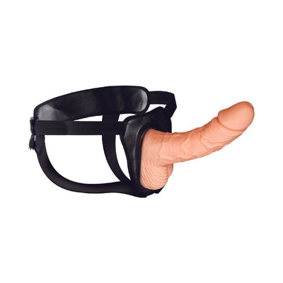 Adjustable black harness with an 8-inch realistic hollow strap-on dildo in flesh tone.