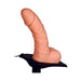 Realistic flesh-toned hollow strap-on dildo with adjustable black harness base on white background