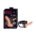 Adjustable black harness with an 8-inch realistic hollow strap-on dildo, shown with product packaging.