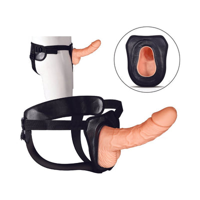 Adjustable black harness with an 8-inch realistic hollow strap-on dildo shown on a mannequin waist.